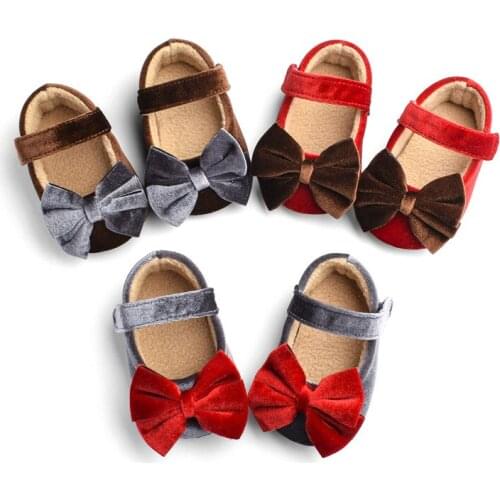 Toddler Baby Girls Mary Jane Flats Soft Sole Non-Slip Infant Shoes Cute Velvet Princess Dress Red Shoes with Bow First Walkers
