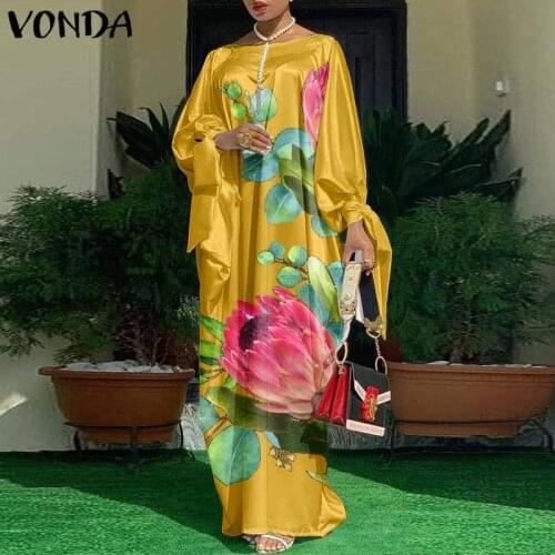 Spring Dress VONDA 2021 Women Elegant Long Sleeve Satin Slik Dress Vintage Floral Printed Bow Sundress Bohemian Vestidos