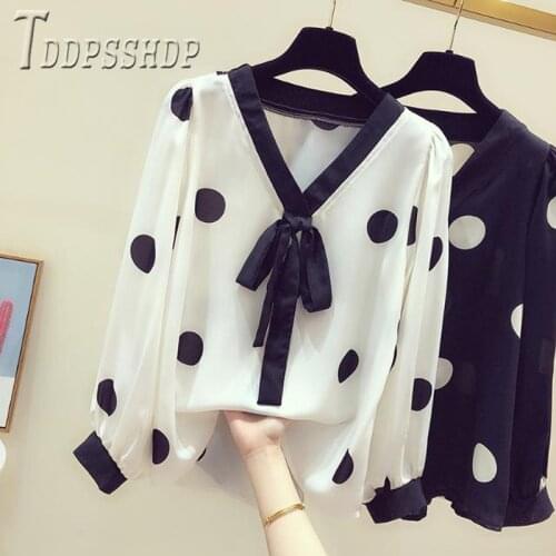 2020 New Spring Korean Polka Dot Women Blouse Bowknot Decor Long Sleeve Female Blouses