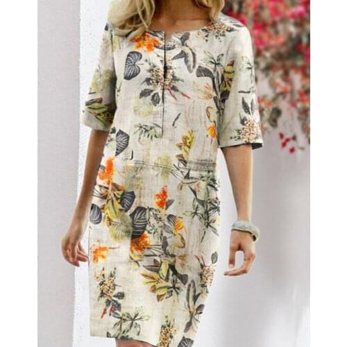 Summer Floral Printed Bohemian Sundress Vintage Cotton Linen Party Short Dress Women Casual Short Sleeve Vestidos