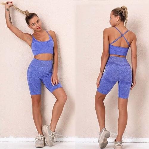 Women Yoga Set Seamless Fitness Suit Gym Clothing Workout Top Bra Sportswear Solid Pants High Waist shorts Leggings Running
