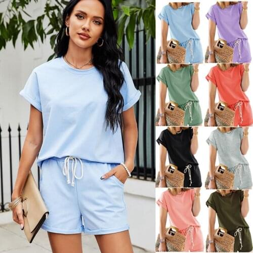 2 Pieces Set Women new Europe summer 2021 leisure fashion roll sleeve pure color short sleeve and pants Sports Set MDF8015