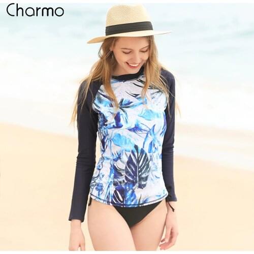 Charmo Women Long Sleeve Rashguard Swimwear Retro Floral Print Swimsuit Rash Guard UPF50+ Surfing Top Running Shirts Leaf print