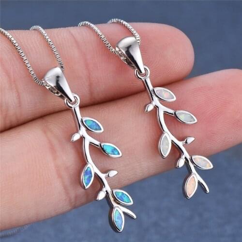Cute Plant Tree Leaf Pendant Blue White Fire Opal Necklaces For Women 925 Sterling Silver Birthstone Jewelry Female Necklace