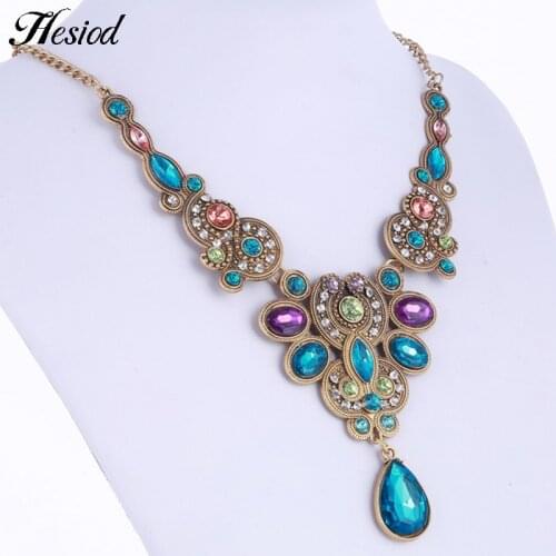 Hesiod Blue Pink Rhinestone Necklaces Pendant Boho Statement Necklace Gold Color Vintage Pendant Lady Dress Choker Necklace