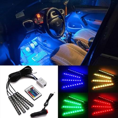 4PCS 5050 SMD 10W Car Interior Decorative Atmosphere Strip Light Cigarette LED Atmosphere RGB Remote Control 12V