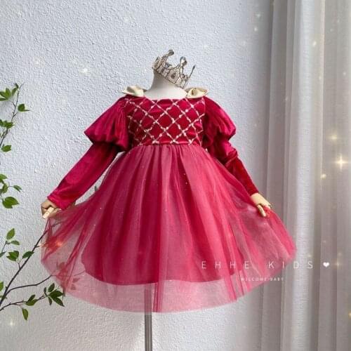 Boutique Golden velvet dress for girls children bow tulle princess dresses wholesale