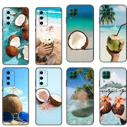 Black tpu Case For Huawei P30 Lite P30 Pro P40 Case For Huawei P40 LITE E P Smart 2020 Case Cover Coconut on the beach