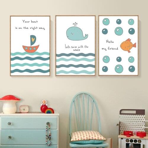 Nordic Spray Colo Boat Fish Ocean Cartoon Animal Whale Cat Canvas Painting Scandinavian Wall Picture Kid Room Decor Poster Print