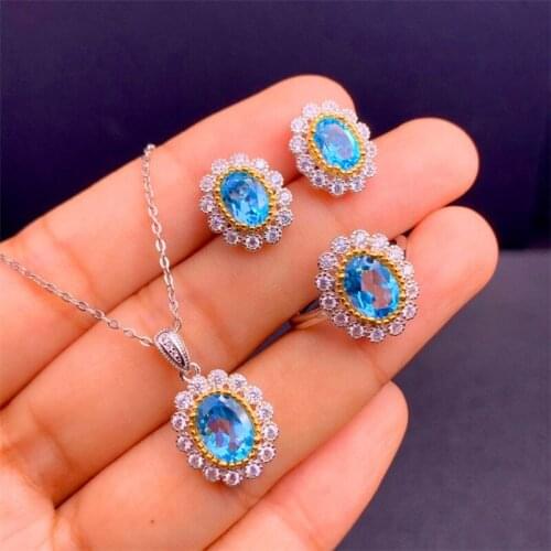 New Fashion Bridal Jewelry Sets Elegant Blue Crystal Jewelry Set Oval Stud Earrings Adjustable Rings Necklace Sets For Women