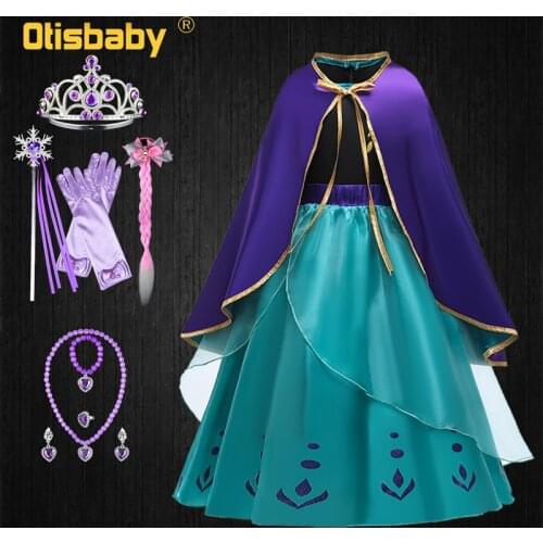 Snow Queen 2 Summer Girls Elsa Anna Dress with Cape Halloween Cosplay Costume Princess Anna Frocks Childrens Party Dresses