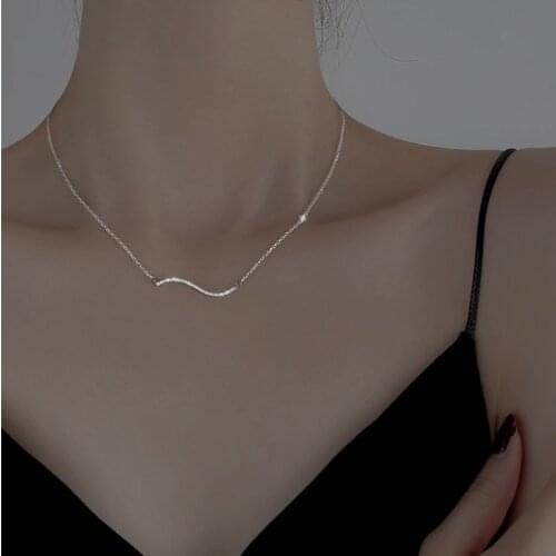 Minimalist Geometric Wave Cubic Zirconia 925 Sterling Silver Pendant Necklace For Women Luxury Simple