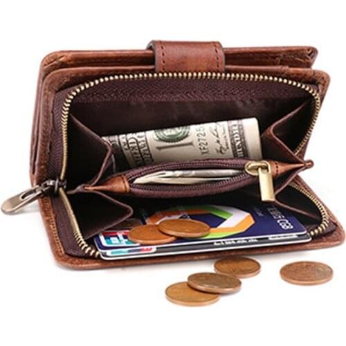 Mens wallet leather genuine short zipper coin pocket Wallet men trifold wallets Purse Solid 12 Card Holders Male money wallet