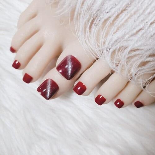 24Pcs Fake Toe Nail Silver Red High Quality Short Paragraph Foot False Nail Artificial Nails With Glue Summer Beauty Toenail