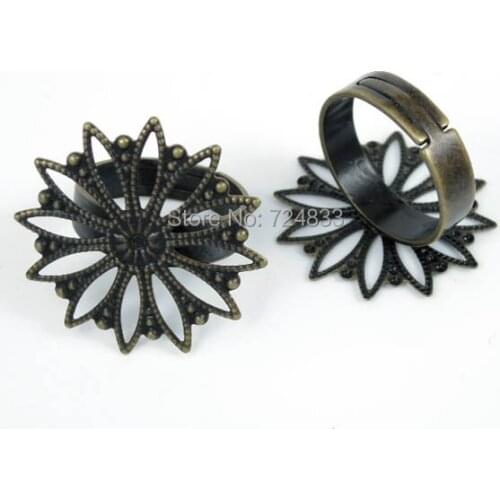 Blank Bezel Ring bases Settings w/ 25mm Circle Filigree Flower bezel tray Pads Adjustable Ring Findings Antique Bronze tone