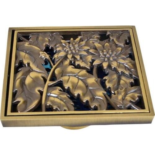 NEW Antique Brass 4"(101mm) Square Carve Chrysanthemum Pattern Floor Drain Bathroom Shower Waste Washing Drain Grate ahr014