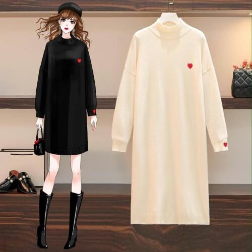 EHQAXIN Autumn Womens Knitted Dress Fashion Korean Half Turtleneck Sweater Mid-Length Loose Thick Long Sleeve Base Dress L-4XL
