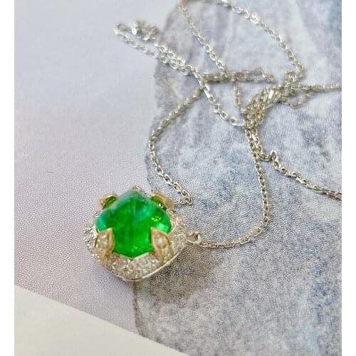 LR Fine Jewelry 18K Solid Gold Green Emerald Pendant Emearld 2ct Gold Diamond Pendant Gemstone Necklaces for Women