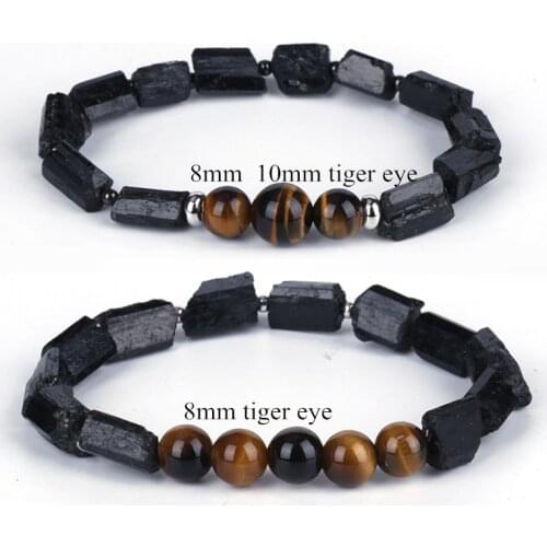Charms Natutal Stone Healing Energy Semi Precious Mineral Rough Black Tourmaline Onyx Hematite Tiger Eye Women Men Bracelets