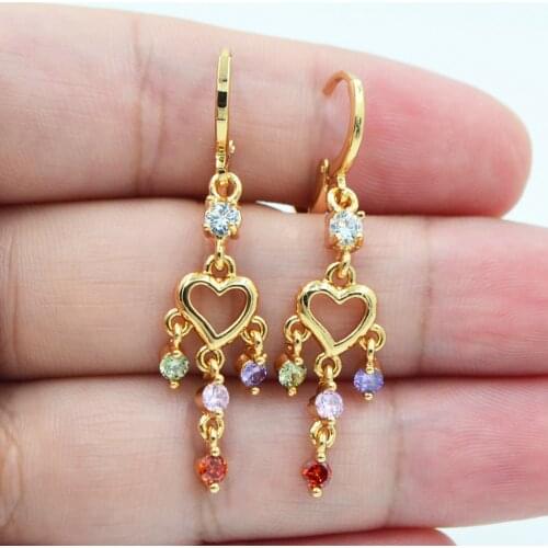 Gold Color Fashion Multicolor Zirconia CZ Love Hearts Dangle Earrings for Women