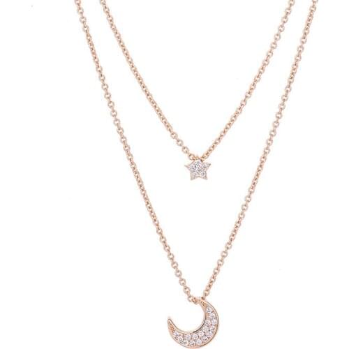 XDC2 925 Sterling Silver Double Layer Moon Star Necklace for Women Elegant Shiny CZ Clavicle Chain Necklace Jewelry