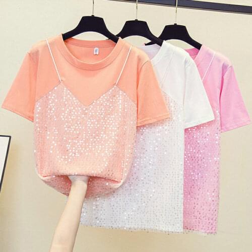 2021 Summer New Large Size M-4XL Womens Fashion Sequin Stitching Short Sleeve T-shirt O-Neck Solid Color Ladies Tops Trend aq984