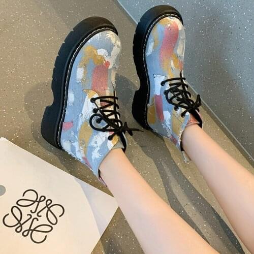 2021 Women Autumn Fashion Ankle Boots Ladies New Platform Cowboy Boots Female Casual Lace Up Graffiti Shoes Plus Size 43