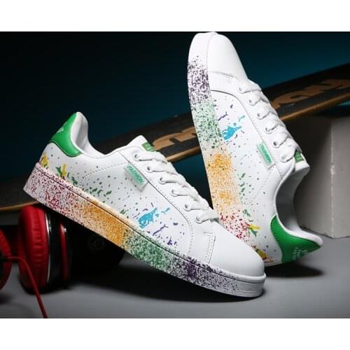 Women Flat Sneakers Lace up Colorful Graffiti Platform Female PU Flats Fashion Ladies Walking Vulcanized Shoesbht5