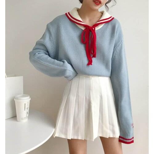 Sweet College Style WomenS Sweaters Japanese Kawaii Pullover Sweater Bow Cute Pullover Tops Ladies Vintage Harajuku Clothing