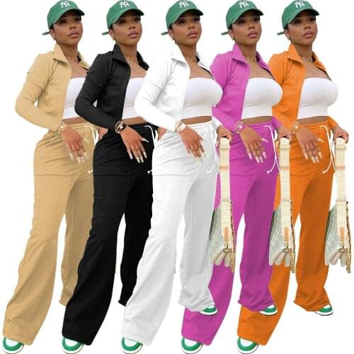 Casual Streetwear Solid Tracksuit Women Sportswear Stand Collar Long Sleeve Crop Top + Wide Leg Straight Pants Two Piece Set