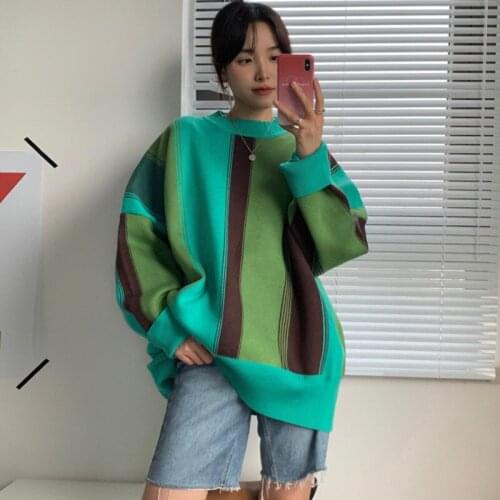 Women Lazy Style Knit Sweater New Female Loose Wild Long-sleeved Retro Striped Sweater Outerwear