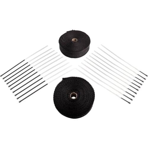 2 Roll x 2" 50Ft Black Fiberglass Exhaust Header Pipe Heat Wrap Tape+20 Ties Kit Fiberglass Exhaust Header Pipe Heat Wrap Tape