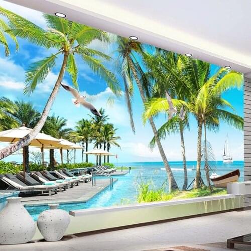 Custom 3D Wallpaper Living Room Seascape Sea Island Sailboat Coconut Tree 3D Mural Papel De Parede Photo Wall Home Decoration