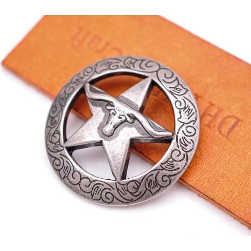 6X 1-1/2" Heavy Antique Silver Cowboy Longhorn Bull Texas Star Saddle Bridle Concho For Leathercraft Hatband Belt Screwback