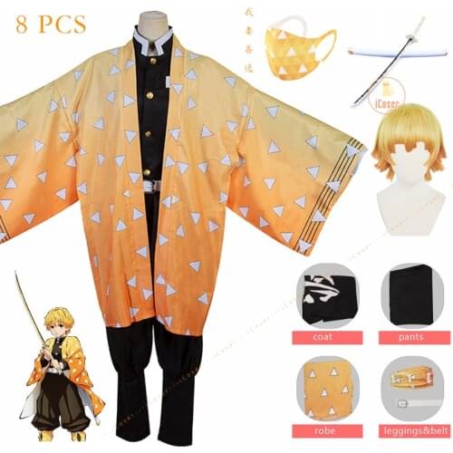 Demon Slayer Zenitsu Agatsuma Cosplay Costume Kimetsu no Yaiba Katana Ninja Outfit Japan Anime Men Kimono Yellow Wig Anime Prop