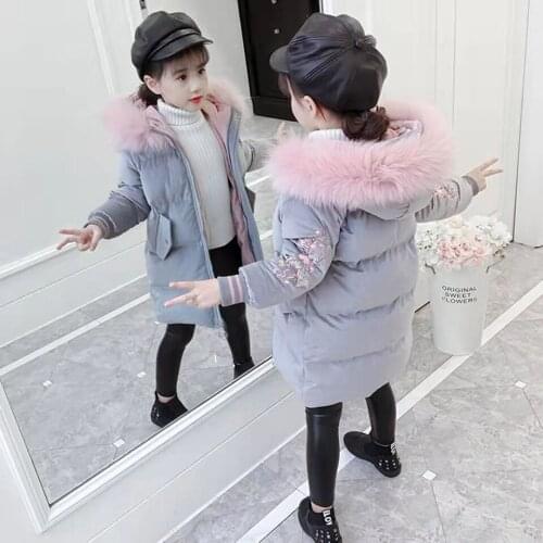 2 Color Jackets Flower Pattern Girl Coat 2019 Winter Parkas Kids Warm Outerwear Fur Hooded Coats For 3-12 Yrs Children Clothes