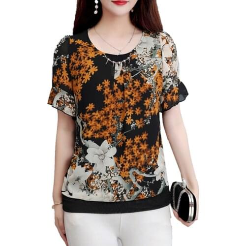 Elegante Short-Sleeved Printed Chiffon Blouse Tops Summer 2021 New Femininas Women Shirts Blusas Plus Size L-5XL