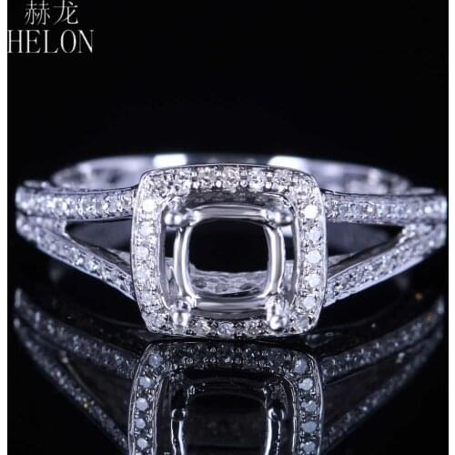 HELON Solid 14k White Gold Real Natural Diamond Women Fine Jewelry Semi mount Engagement Wedding Ring Fit 5x5mm Cushion or Round