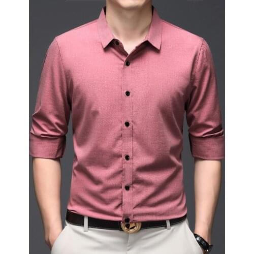 Emerald Green Blouse Pink 2020 New Autumn Mens Shirts Pure Color Light Blue Dress Social Business Casual Handsome Bamboo Shits