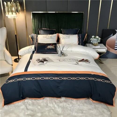 White Blue Splicing British Style Horse Embroidery Like Silk Cotton Bedding Set Duvet Cover Bed Linen Fitted Sheet Pillowcases
