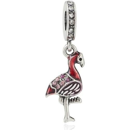 Red Glaze Flamingo Pendant Fit Original Pandora Charms Bracelet Pink CZ Bird Beads DIY Jewelry for Women Bangle Accessory Bijoux