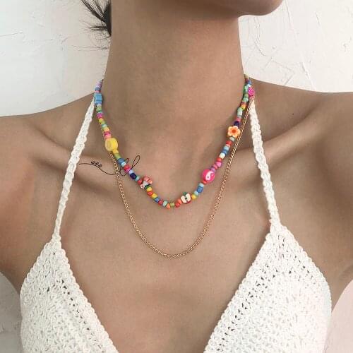 Lalynnly Trendy Bead Necklaces Chain Choker Necklace For Women Bohemian Colorful Handmade Short Daisy Pearl Neck Jewelry N8806