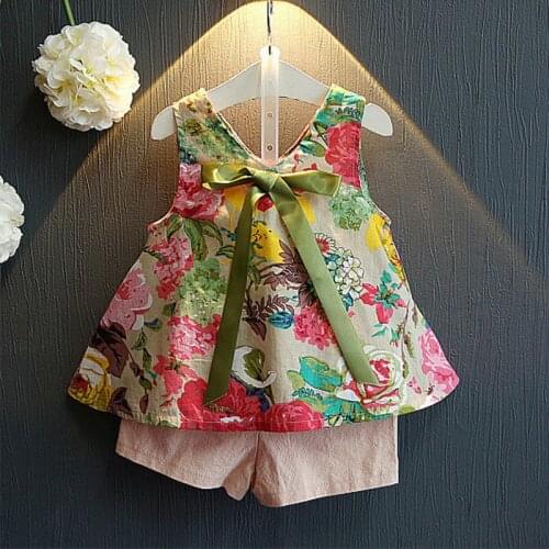 New Summer Baby girl clothes color flower Bow sleeveless Top +Short 2 piece suit fashion children Clothing 1-4 year