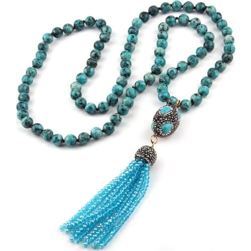 MOODPC Fashion Bohemian Tribal Artisan Jewelry Blue Stone Knotted Crystal Tassel Necklace