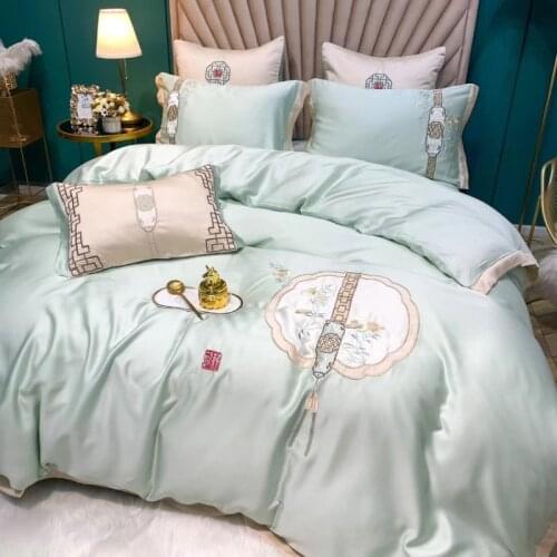 80 Ice Silk Bedding Set Pure Color Duvet Cover Four-piece Set New Chinese Style Modern Light Luxury Lyocell Silky Silky Satin