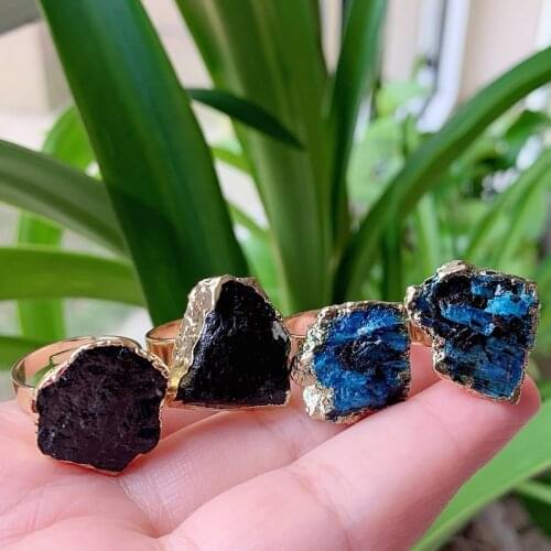 Natural Stone Adjustable Ring Irregular Black Tourmaline Blue Crystal Kyanites Quartz Finger Rings Party Wedding Jewelry Women