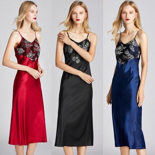 Nightdress Summer Satin Silk Nightwear Sexy Pyjamas V Neck Strap Nightgown Sleeveless Medium-length Dress Floral Women Sleepwear