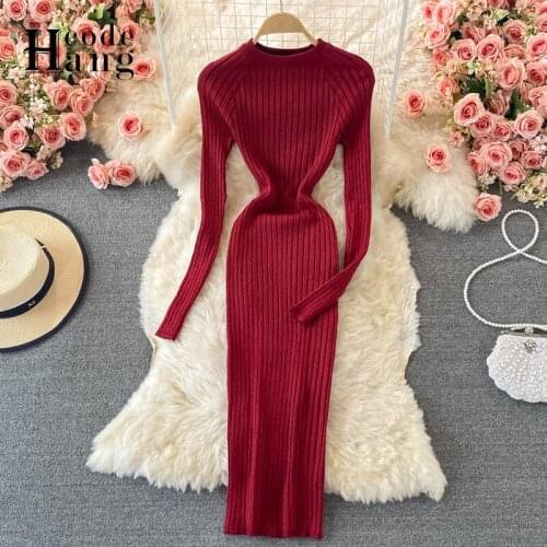 HangCode 2021 New Autumn Winter Women Knitted Dress Luxury Shining O-neck Bodycon Sweater Dress Slim Office Ladies Dresses