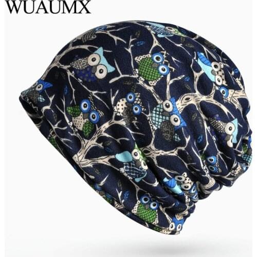 Wuaumx Unisex Fall Winter Hats For Women Men Owl Pattern Skullies Beanies For Female HipHop Turban Hat Plus Velvet czapka zimowa