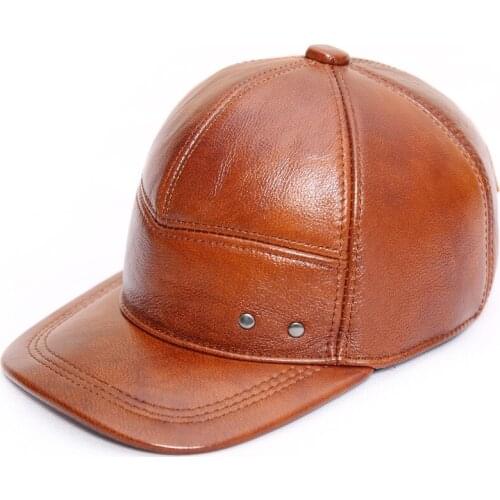Luxury Winter Real Leather Baseball Hat For Men Earflaps Casquette Cap 55-60CM Senior Men Cowskin Autumn Winter Warm Visor Hat